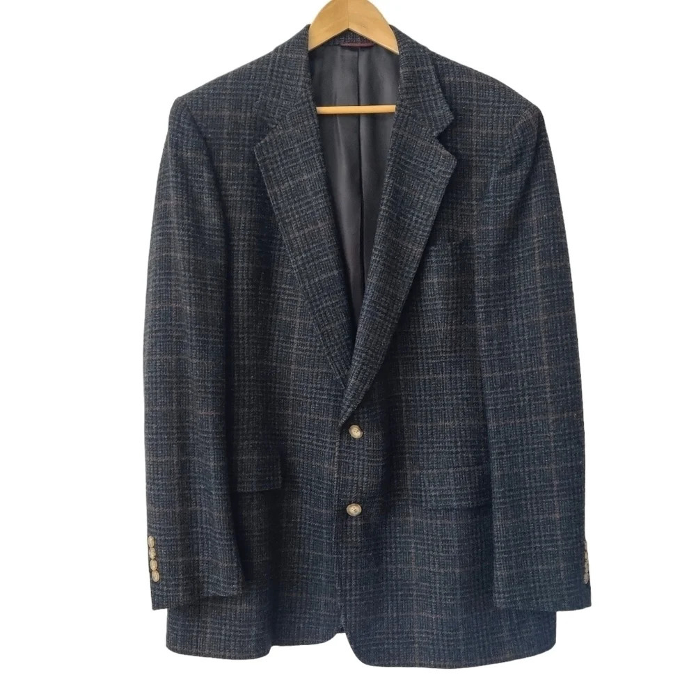 Vintage HART SCHAFFNER MARX Men's Plaid Gray Wool Blazer Jacket 44L ?